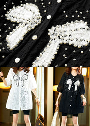 White Lace Nail Bead Patchwork Cotton Shirt Tops Hollow Out Summer