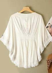 White Lace Patchwork Linen Cinch Shirts Embroidered Wrinkled Batwing Sleeve
