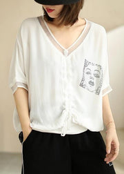 White Lace Up Patchwork Silk Cotton Top V Neck Summer