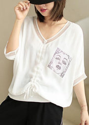 White Lace Up Patchwork Silk Cotton Top V Neck Summer