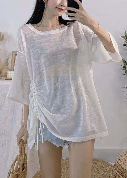 White Lace Up Thin Ice Silk Knit Top O Neck Half Sleeve