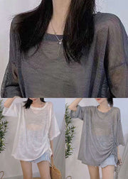 White Lace Up Thin Ice Silk Knit Top O Neck Half Sleeve