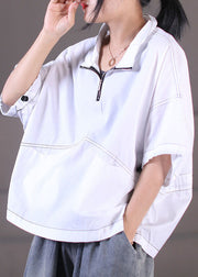 White Line Cotton Sweatshirts Top Stand Collar Drawstring Short Sleeve