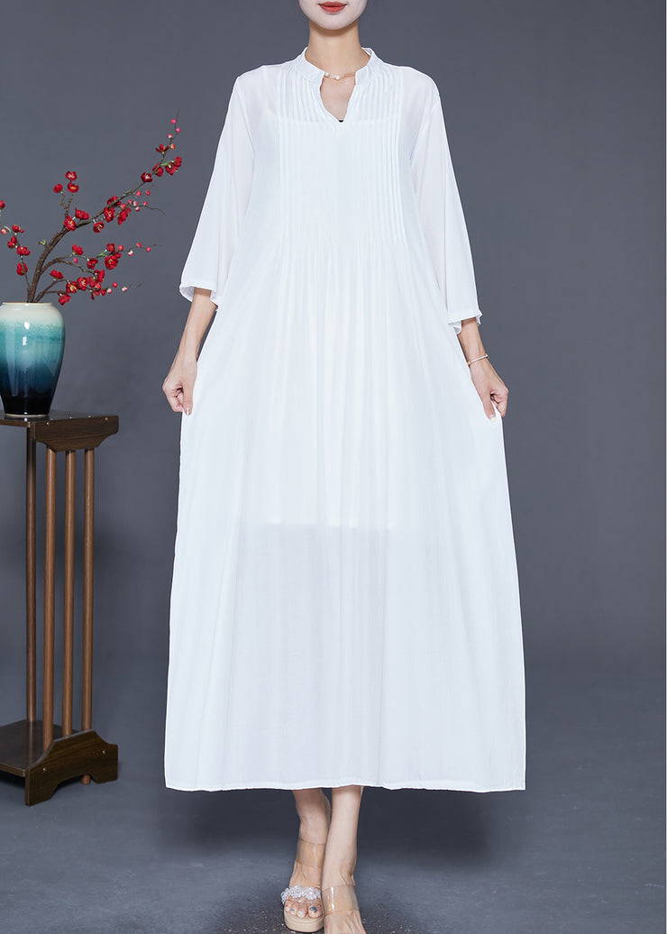 White Linen A Line Dresses Oversized Wrinkled Bracelet Sleeve