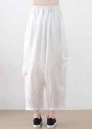 Weiße Leinen-Haremshose, zerknittertes, asymmetrisches Sommerdesign