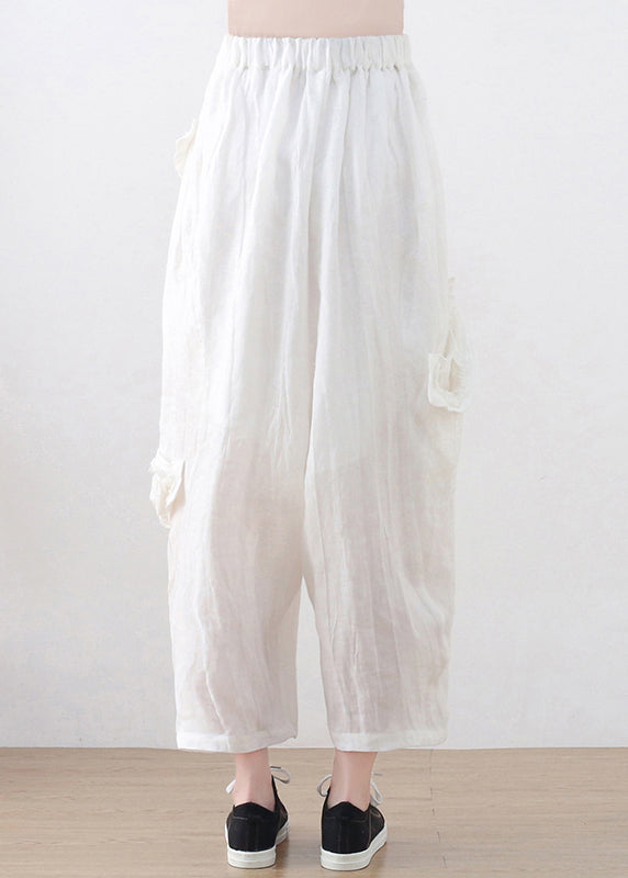 Weiße Leinen-Haremshose, zerknittertes, asymmetrisches Sommerdesign