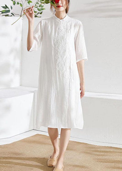 White Mandarin Collar Embroideried A Line Summer Ramie Holiday Dress Half Sleeve - SooLinen