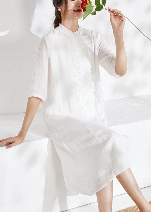 White Mandarin Collar Embroideried A Line Summer Ramie Holiday Dress Half Sleeve - SooLinen