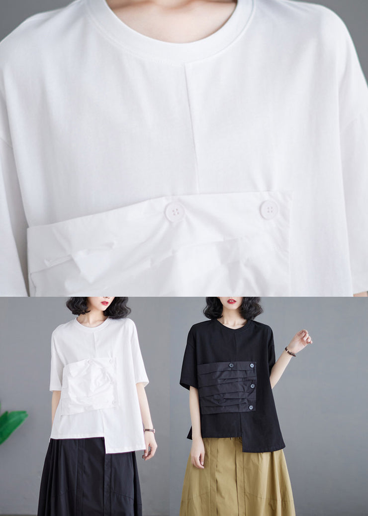 White O-Neck Asymmetrical Cotton Top Short Sleeve