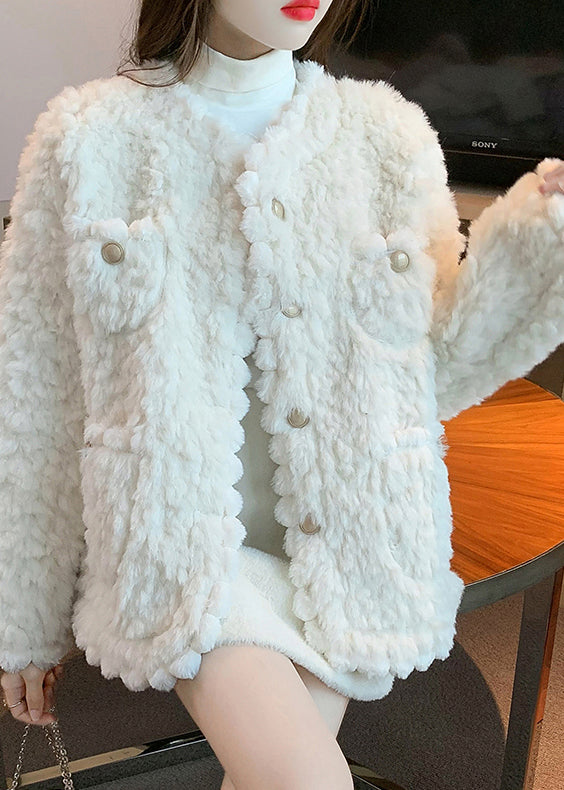 White O-Neck Button Faux Fur Coats Fall