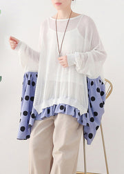 White O-Neck Dot Patchwork Cotton Knit Tops Batwing Sleeve