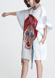 White O-Neck Flare Sleeve Print Summer Vacation Dress - SooLinen