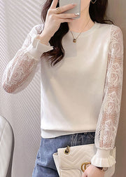 White O-Neck Hollow Out Tops Long Sleeve