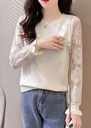 White O-Neck Hollow Out Tops Long Sleeve