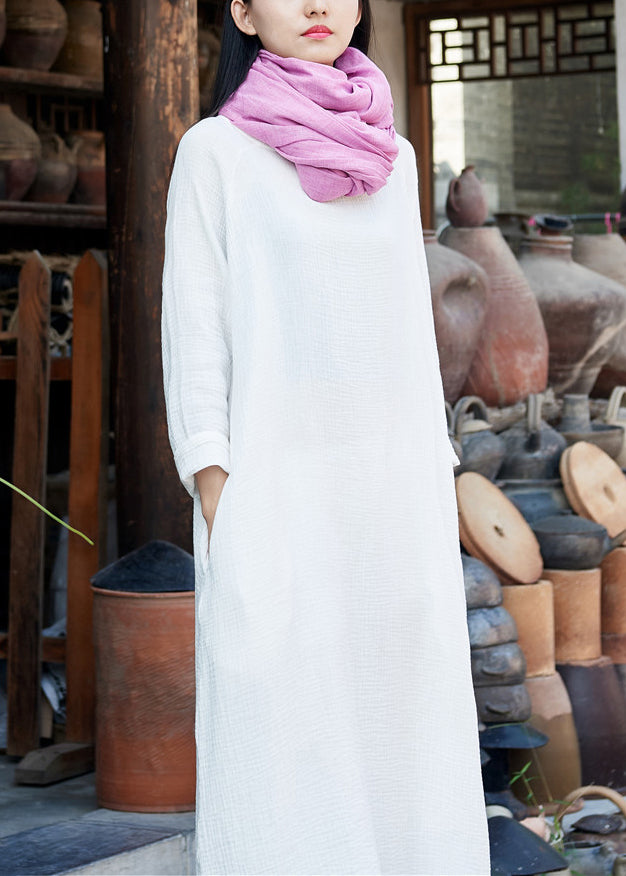 White O-Neck Solid Maxi Dresses Long Sleeve