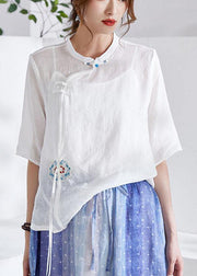 White Oriental Embroideried Summer Ramie Blouses Half Sleeve - SooLinen