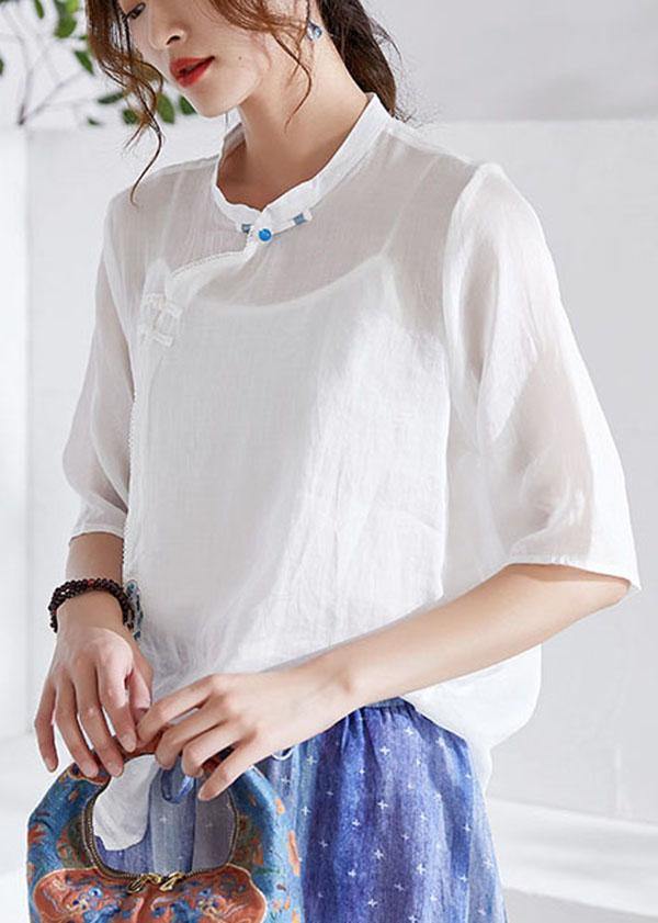 White Oriental Embroideried Summer Ramie Blouses Half Sleeve - SooLinen
