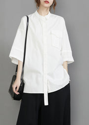 White Oversized Cotton Blouses Stand Collar Pocket Half Sleeve