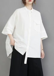 White Oversized Cotton Blouses Stand Collar Pocket Half Sleeve