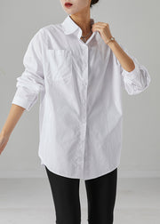 White Oversized Cotton Shirt Peter Pan Collar Pocket Fall