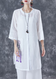 White Oversized Linen Shirts Embroidered Pocket Half Sleeve