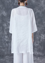 White Oversized Linen Shirts Embroidered Pocket Half Sleeve