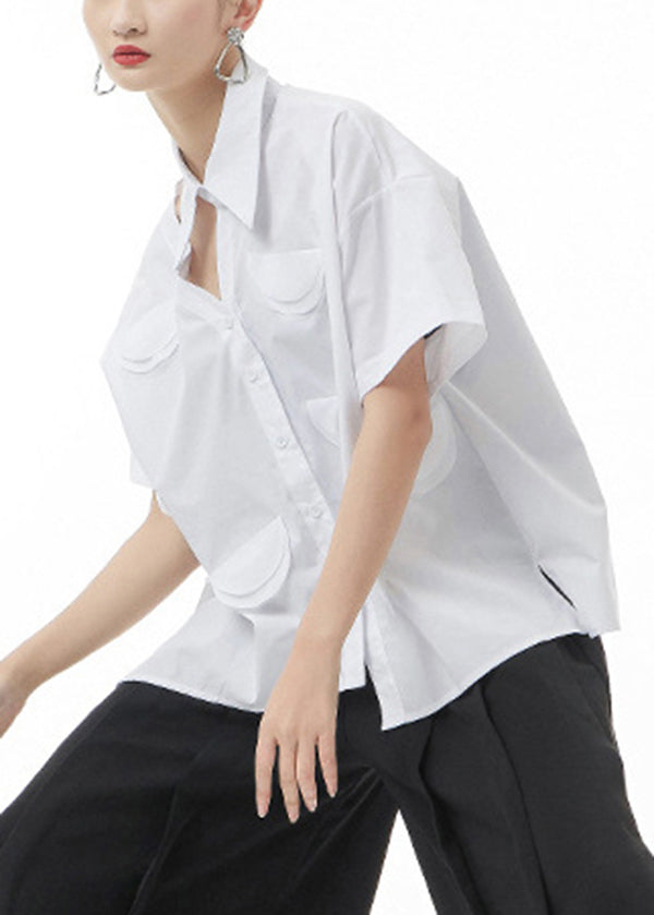 White Patchwork Blouse Tops Hollow Out Short Sleeve