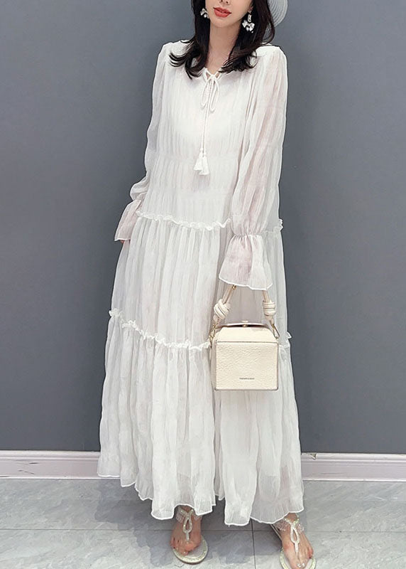 White Patchwork Chiffon Long Dress Ruffled Lace Up Summer