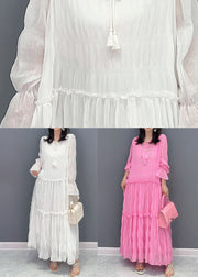 White Patchwork Chiffon Long Dress Ruffled Lace Up Summer