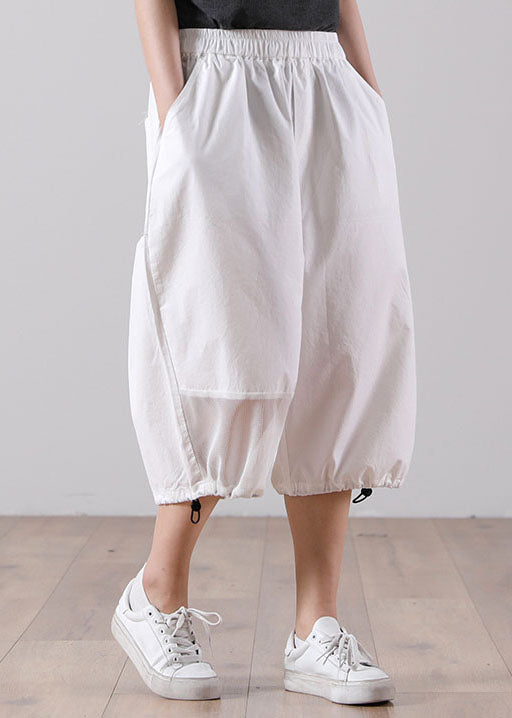 White Patchwork Cotton Crop Pants Hollow Out Drawstring Summer
