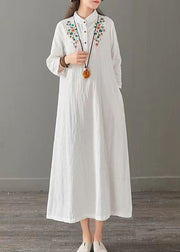White Patchwork Cotton Long Dress Embroidered Stand Collar Fall