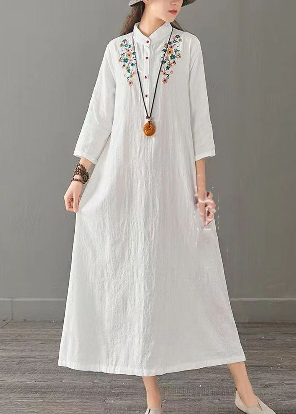 White Patchwork Cotton Long Dress Embroidered Stand Collar Fall
