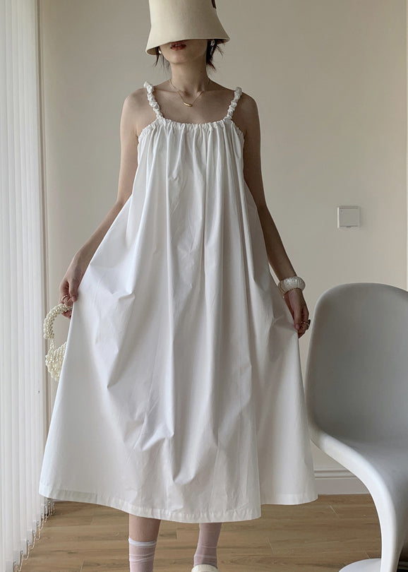 White Patchwork Cotton Long Dresses Backless Lace Up Summer