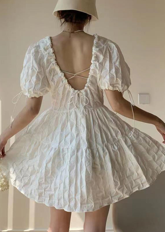 White Patchwork Cotton Mid Dresses Backless Lace Up Summer
