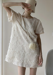 White Patchwork Cotton Mid Dresses Backless Tasseled Summer