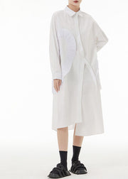 White Patchwork Cotton Shirt Dresses Asymmetrical Wrinkled Spring