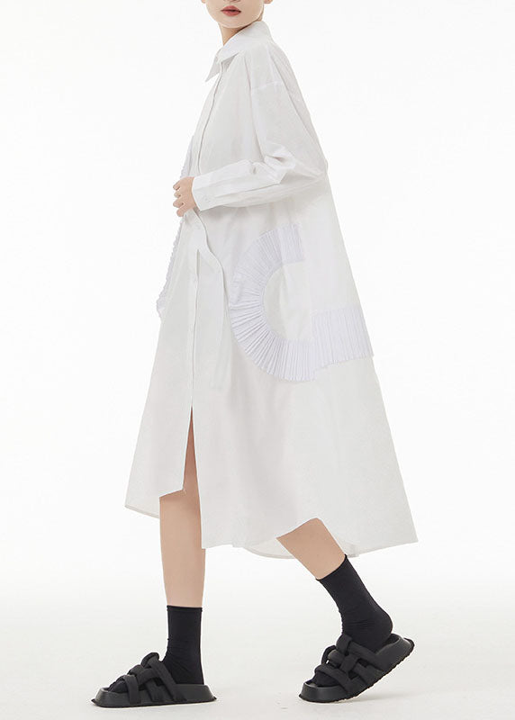 White Patchwork Cotton Shirt Dresses Asymmetrical Wrinkled Spring