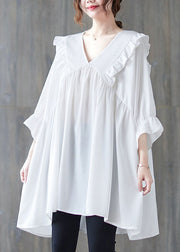 White Patchwork Cotton Shirt Top Loose Ruffled V Neck Summer