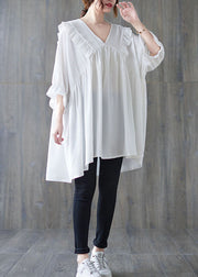 White Patchwork Cotton Shirt Top Loose Ruffled V Neck Summer
