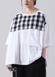 Weißes Patchwork-Hemd aus Baumwolle, O-Ausschnitt, asymmetrisch, kurze Ärmel