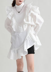 White Patchwork Cotton Shirt Top Ruffled Solid Color Fall
