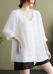 White Patchwork Cotton Shirt Tops Oversized Cinched Half Sleeve
