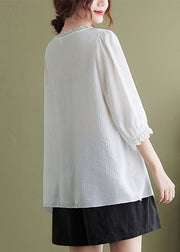 White Patchwork Cotton Shirt Tops Oversized Cinched Half Sleeve