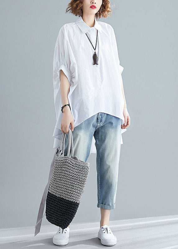 White Patchwork Cotton Shirts Top Asymmetrical Wrinkled Summer