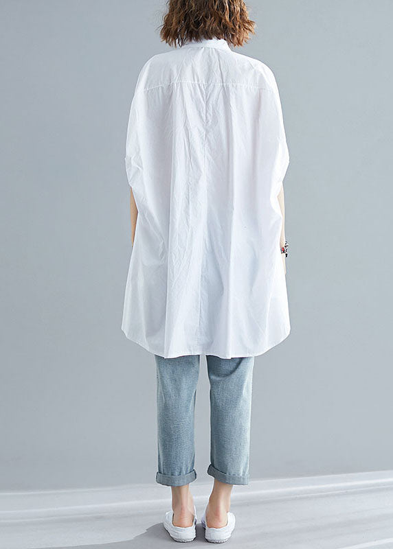 White Patchwork Cotton Shirts Top Asymmetrical Wrinkled Summer