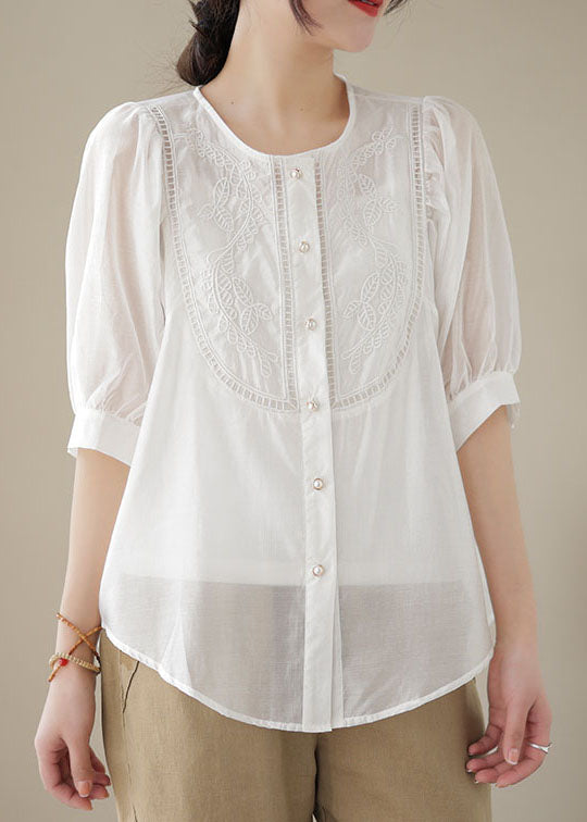 White Patchwork Cotton Top Embroidered O-Neck Wrinkled Summer