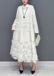 White Patchwork Cotton Vacation Dresses Oversized Tassel Spring