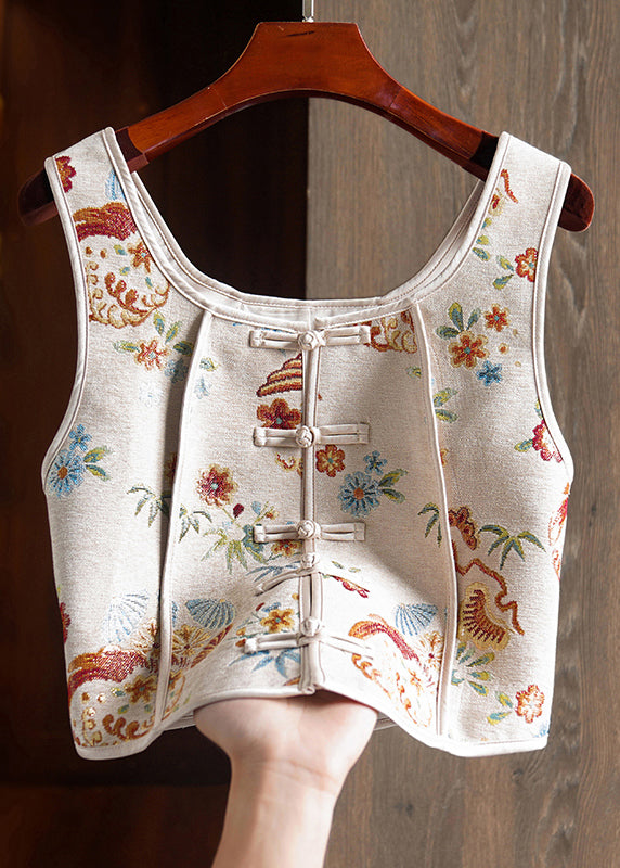 White Patchwork Cotton Vest Embroidered Chinese Button Sleeveless