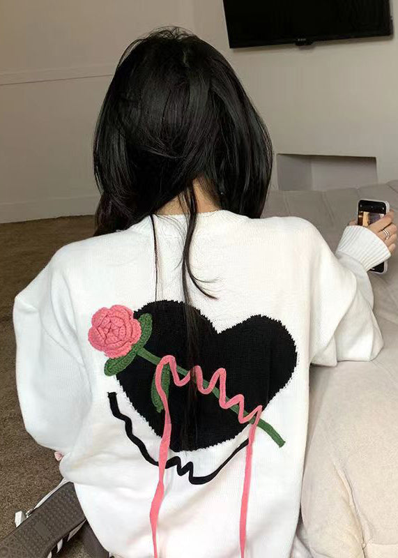 White Patchwork Cozy Knit Sweaters O Neck Floral Heart Fall