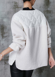 White Patchwork Faux Fur Jacket Oversized Pockets Spring